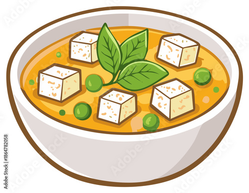 Cartoon bowl of vegetable curry with tofu cubes, peas, and basil leaves in white bowl as vegan dish and delicious cuisine