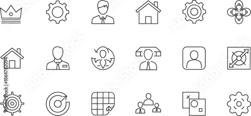 Business management and corporate strategy icon set, leadership, teamwork, workflow, organization, planning, flat line vector illustration collection design 