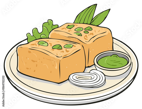 Hand drawn vector illustration of an Indian dhokla snack with green chutney and onion garnish on a plate