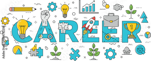 Career development concept, professional growth icons, business success, innovation, teamwork, achievement, motivation, strategy, planning, communication, leadership, ambition, opportunity, 