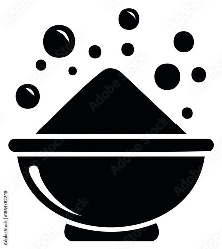 Aromatic black powder pile with bubbles emerging from bowl, aromatherapy in minimal illustration