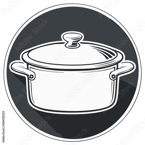Stylized cooking pot icon with lid and handles kitchen utensil monochrome graphic vector emblem design