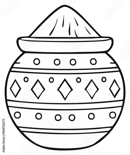 Black and white outline of a decorated Indian pot for Pongal or Holi festival