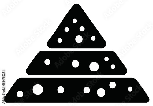 Minimalist black icon of a cheese pyramid made from three stacked wedges with holes