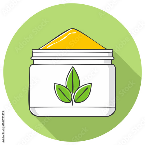 Jar of yellow powder with green leaves icon, organic product symbol, graphic illustration