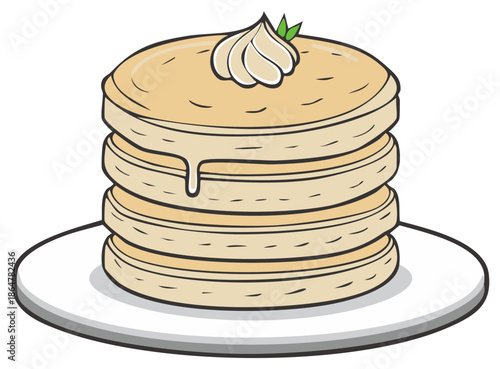 Stack of delicious pancakes topped with cream and a mint leaf on a white plate