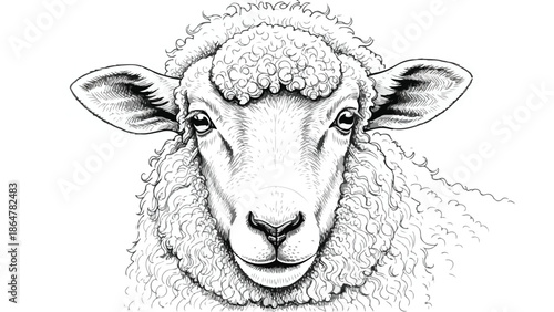 Detailed pencil sketch of a woolly sheep front view