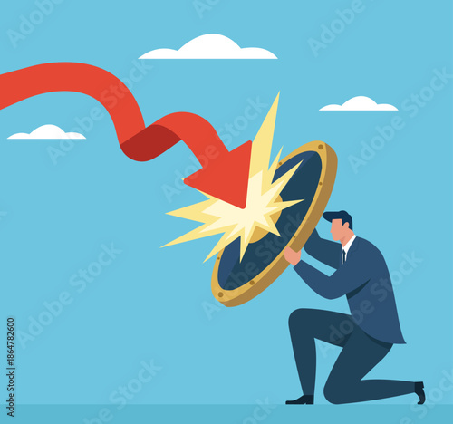 Businessman blocking a crashing red arrow with a shield, protecting company from financial loss and market downturn, Risk Management, Business Protection, Crisis Response, Financial Defense