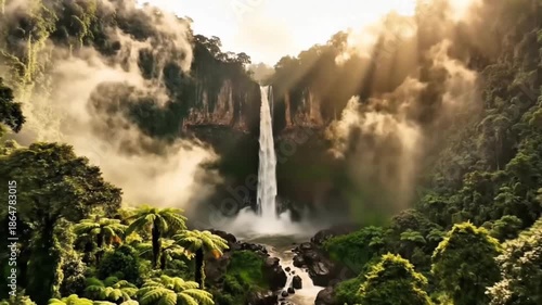 Breathtaking aerial view of a majestic waterfall in a lush tropical jungle with sunbeams and mist, cinematic nature landscape
