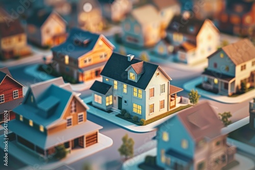 Tilt shift photography showcasing miniature houses at night, representing a peaceful residential area