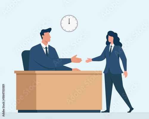 Business Meeting Handshake at Office Desk Under Wall Clock, professional greeting, workplace collaboration, partnership agreement, negotiation, corporate communication
