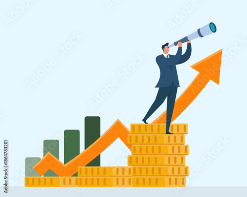 Business Growth Forecast with Rising Chart, Stacked Coins and Executive Using Telescope, Market Trend Analysis, Financial Investment, Business Strategy, Revenue Growth, Future Vision