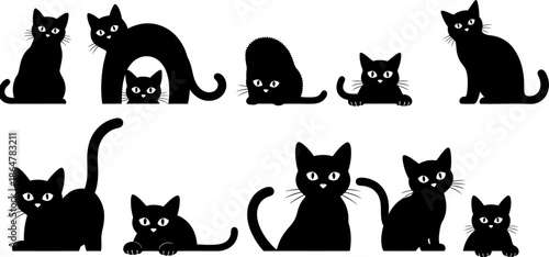 Collection of Adorable Black Cat Silhouettes in Various Playful Poses Vector Art