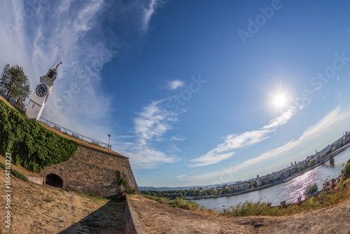 Panoramic view of Petrovaradin Fortress and Danube river from fortress height in Novi Sad, Serbia.