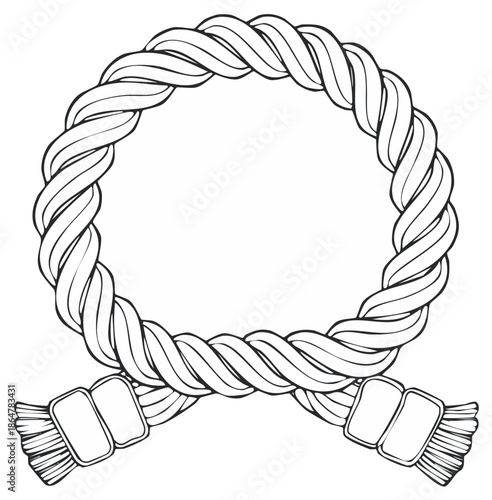 Circular braided rope frame with ends tied together outline vector illustration
