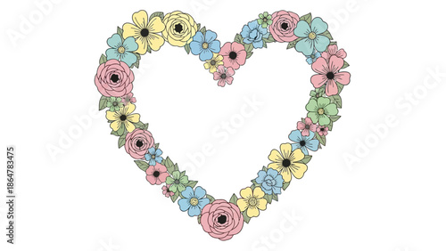 Page decoration with a heart Page made of colorful flowers.