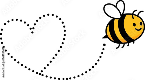 Cute Cartoon Bee Flying and Drawing a Heart Shape with Dotted Line