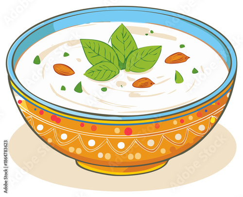 Creamy dessert with almonds and fresh basil leaves in a decorative bowl