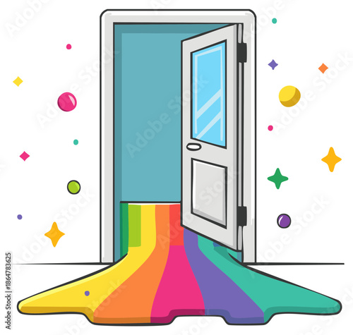 Whimsical open door revealing a vibrant rainbow pathway of imagination and new possibilities