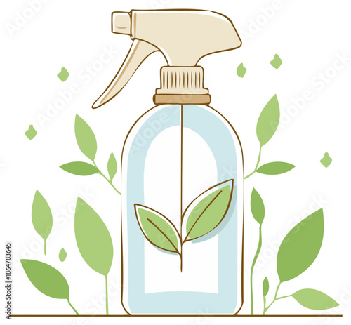 Eco-friendly natural cleaning spray bottle with green leaves illustration
