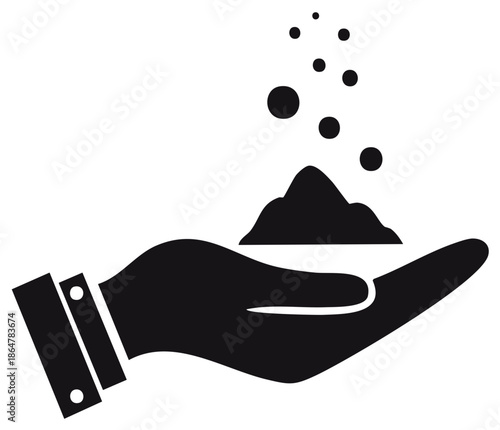 Stylized open hand offering a pile of granules with falling particles in black and white for websites and apps.