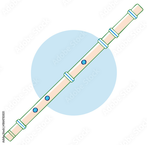 Traditional bamboo flute musical instrument with blue holes and rings, simple vector illustration