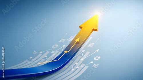 Dynamic growth chart with upward trending arrow and business data visualizations