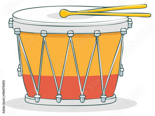 Cartoon illustration of a drum with drumsticks, musical instrument.