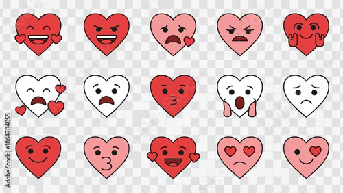 Collection of Cartoon Heart Emoticons with Various Facial Expressions.