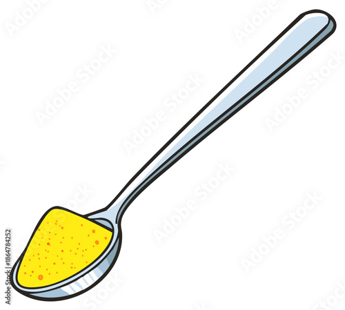 A metal spoon filled with a bright yellow granular substance possibly spices or seasoning