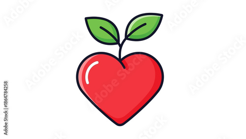Red Heart Shaped Apple with Page Curl and Leaves Illustration.