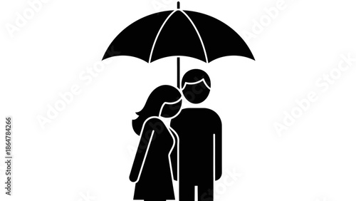 Couple standing together under umbrella in rain.