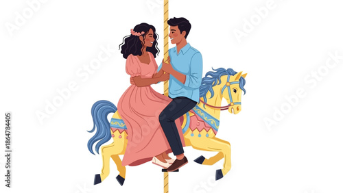 Couple Riding Carousel Horse Together in Amusement Park.