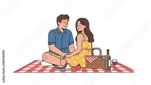 Couple having a romantic picnic on a red and white checkered blanket.
