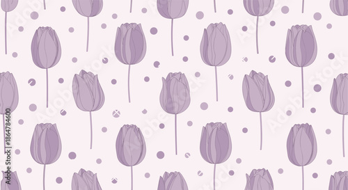 Beautiful pattern of elegant purple tulips and polka dots arranged in a repeating sequence on a light pink background.