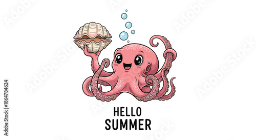 Charming pink octopus character holding an open seashell under the ocean with the greeting hello summer written below.
