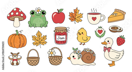 Delightful assortment of cozy autumn icons including a mushroom, frog, pumpkin, jam jar, and cute little farm animals.