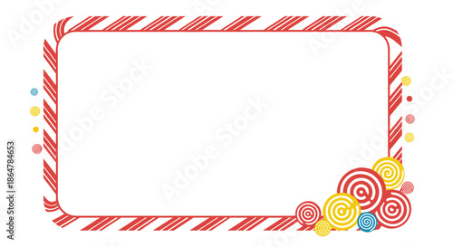 Rectangular frame featuring a red and white candy cane border with various colorful swirl candies decorating the corner.