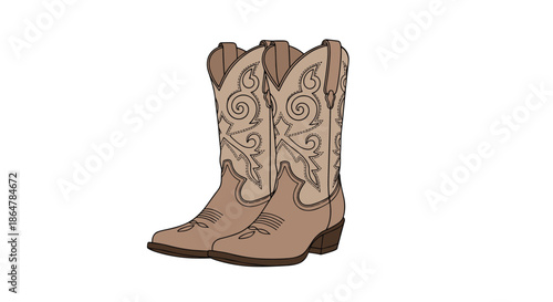 Pair of stylish brown leather cowboy boots featuring traditional western embroidery and decorative stitching on the shafts.