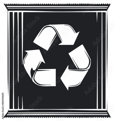 Recycling symbol on a black package with vertical stripes and toothed edges