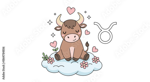 Adorable taurus zodiac sign illustration featuring a small brown bull sitting on a fluffy cloud surrounded by pink hearts.