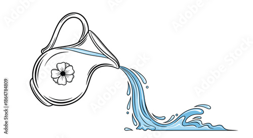 Clear glass pitcher decorated with a flower motif pouring a refreshing stream of blue water into a splash on the ground.