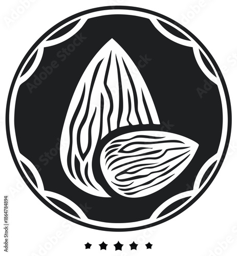 Stylized black and white almond nut and kernel icon in a decorative circular emblem