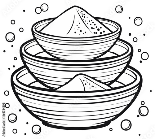 A black and white line art illustration of stacked bowls filled with heaps of pigment powder for a festival