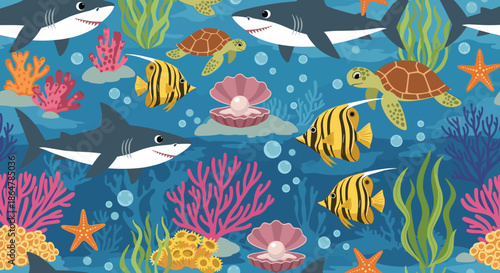 Extensive underwater scene pattern featuring powerful sharks, tropical fish, sea turtles, colorful coral reefs, and shells.