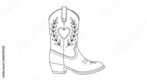 Detailed line art drawing of a western cowboy boot embellished with a heart and laurel wreath design for creative projects.
