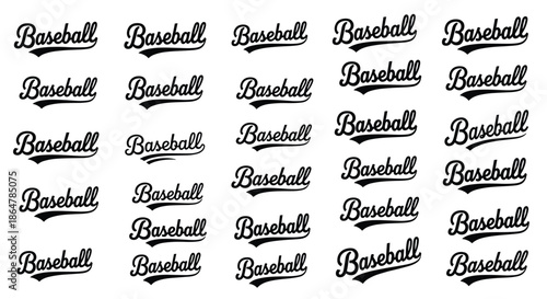 Large collection of baseball script typography designs in various styles and slants for team logos and sports apparel.