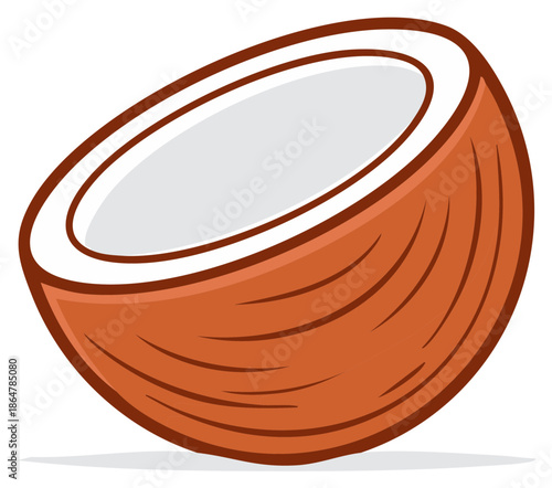 Cartoon style halved coconut illustration showing brown outer shell and white inner flesh tropical fruit