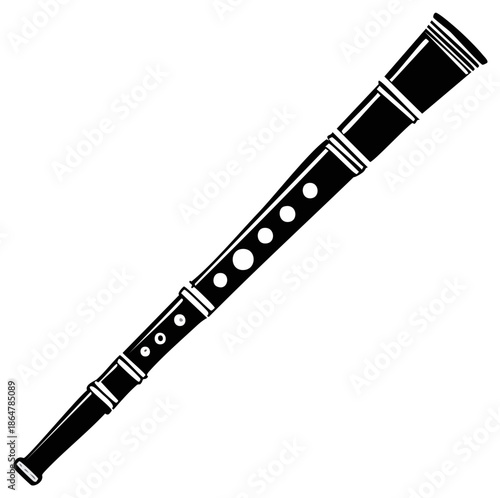 Minimalist black silhouette woodwind instrument icon with finger holes and decorative bands