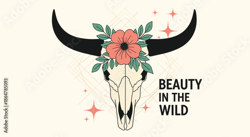 Stylish bull skull illustration adorned with a large pink flower and green leaves featuring the words beauty in the wild.
